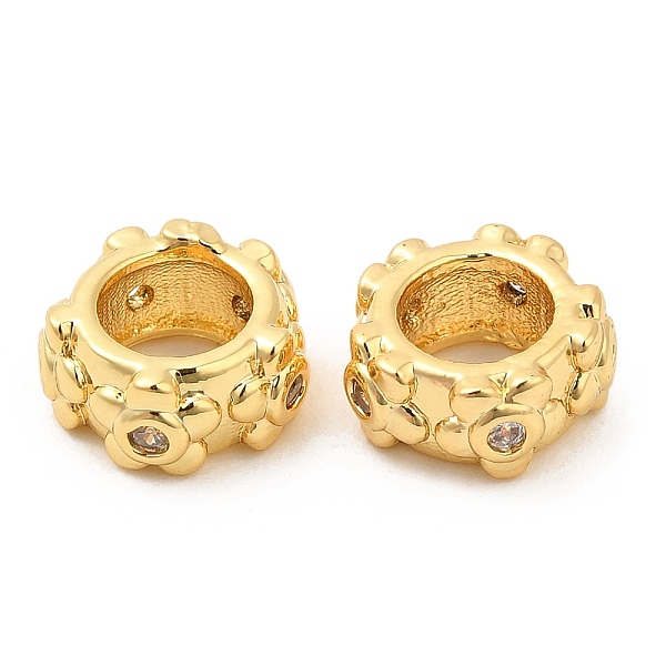 

PandaHall Brass Micro Pave Cubic Zirconia European Beads, Large Hole Beads, Flat Round with Flower, Real 18K Gold Plated, 7~7.5x3.5mm, Hole..., Clear