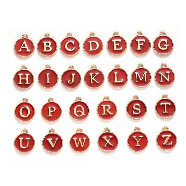 PandaHall Initial Letter A~Z Alphabet Enamel Charms, Flat Round Disc Double Sided Charms, Golden Plated Enamelled Sequins Alloy Charms, Dark...
