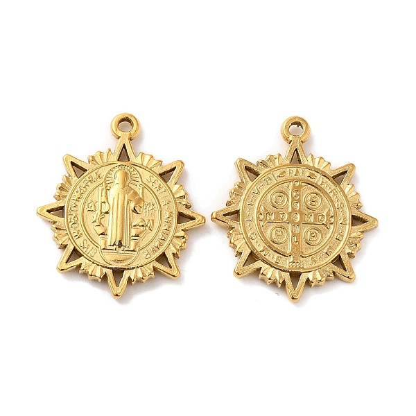 

PandaHall 201 Stainless Steel Pendants, Sun with Saint Charm, Real 18K Gold Plated, 20.5x18x2mm, Hole: 1.2mm 201 Stainless Steel Sun
