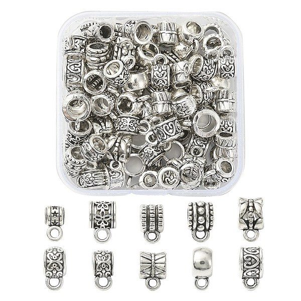 100Pcs 10 Style Tibetan Style Alloy Tube Bails, Hanger Bail Beads, Loop Bails, Cup & Column & Barrel, Antique Silver, 6.5-11.5x6-8x5.5-8mm, Hole: 1.6-2mm, Inner Diameter: 2-4.8mm, 10pcs/style