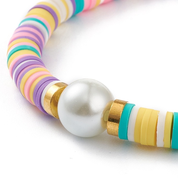 

PandaHall Handmade Polymer Clay Heishi Beads Stretch Bracelets, with Brass Spacer Beads and Round Glass Pearl Beads, Colorful, Inner...