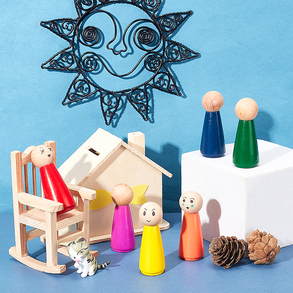 

PandaHall Natural Wood Display Decorations, Doll, Mixed Color, 23x65mm, 6pcs/set Wood Human Multicolor