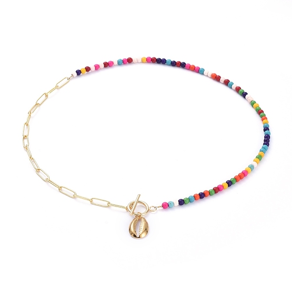 PandaHall Pendant Necklaces, with Synthetic Turquoise Beads, Brass Paperclip Chains, 304 Stainless Steel Pendants and Toggle Clasps, Cowrie...