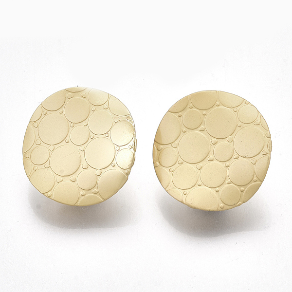

PandaHall Iron Stud Earring Findings, with Steel Pins and Loop, Flat Round, Matte Gold Color, 20mm, Hole: 4mm, Pin: 0.7mm Iron Flat Round