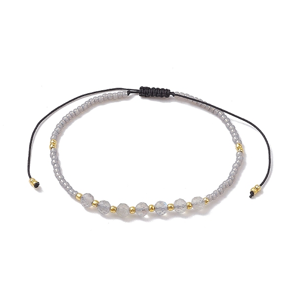 

PandaHall Adjustable Natural Labradorite & Seed Braided Bead Bracelets, Inner Diameter: 1-3/4~3-3/8 inch(4.6~8.7cm) Labradorite Round Black