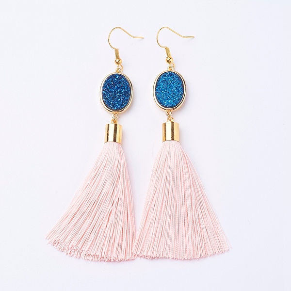 

PandaHall Ice Silk Thread Tassel Dangle Earrings, with Electroplated Natural Druzy Quartz Crystal and Brass Earring Hooks, Golden, PeachPuff..., Brown