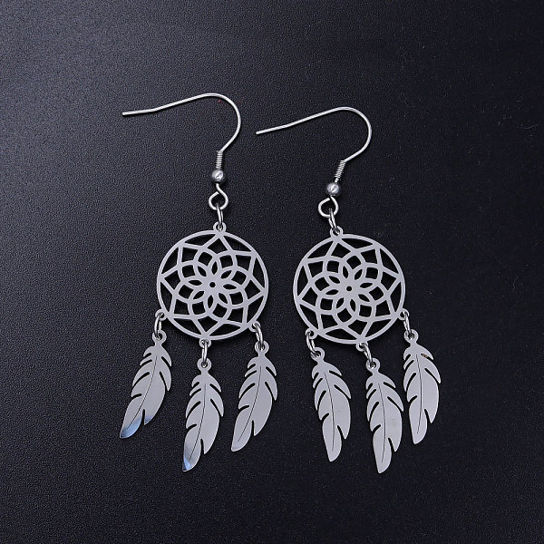 

PandaHall 201 Stainless Steel Chandelier Earrings, Woven Net/Web with Feather, Stainless Steel Color, 70x20mm, Pin: 0.7mm 201 Stainless...