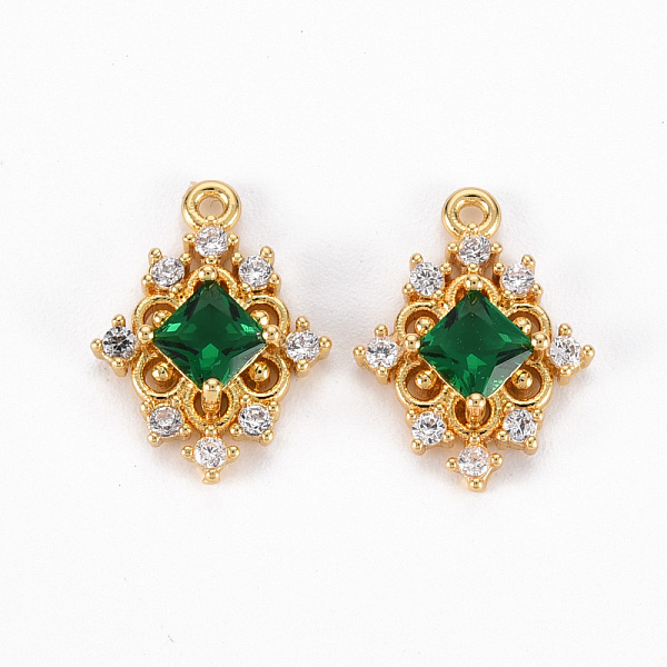 

PandaHall Brass Micro Pave Clear Cubic Zirconia Charms, with K9 Crystal Glass, Nickel Free, Rhombus, Real 18K Gold Plated, 14.5x11x3.5mm..., Green
