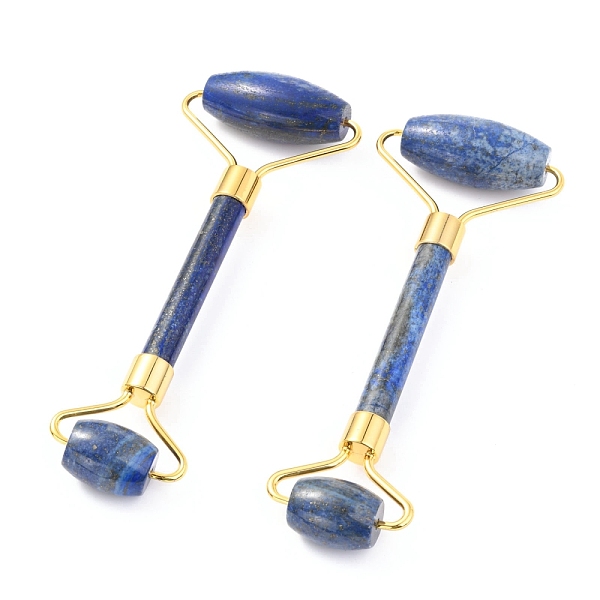 PandaHall Natural Lapis Lazuli Brass Face Massager, Facial Rollers, Golden, 142~150x54~58x19~22mm Lapis Lazuli Others