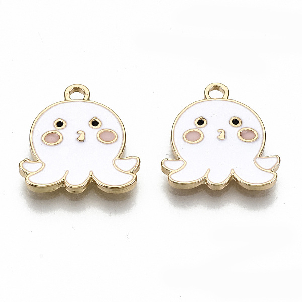 PandaHall Eco-Friendly Zinc Alloy Pendants, with Enamel, Cadmium Free & Nickel Free & Lead Free, Octopus Shape, Light Gold, White...