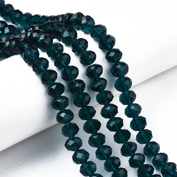 

PandaHall Glass Beads Strands, Faceted, Rondelle, Dark Cyan, 10x8mm, Hole: 1mm, about 63~65pcs/strand, 49~50cm Glass Rondelle