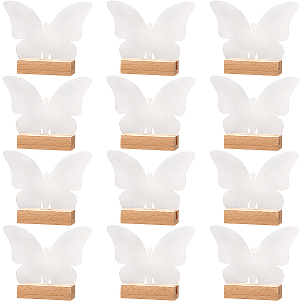 

PandaHall CHGCRAFT 12Sets Acrylic Sign Blank Sheet with Wooden Stands Holders Transparent Butterfly Acrylic Place Card Wood Card Holder Set..., Clear