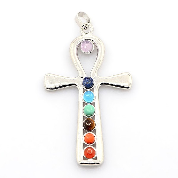 

PandaHall Vintage Chakra Jewelry Brass Gemstone Pendants, with Alloy Findings, Ankh Cross, Platinum, 55x32x4mm, Hole: 5x8mm Mixed Stone...