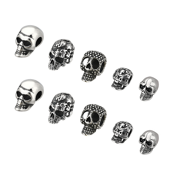 

PandaHall DICOSMETIC 10pcs 5 Styles 304 Stainless Steel Antique Silver Skull Beads Metal Skeleton Beads Large Hole Beads Skull Spacer Beads...