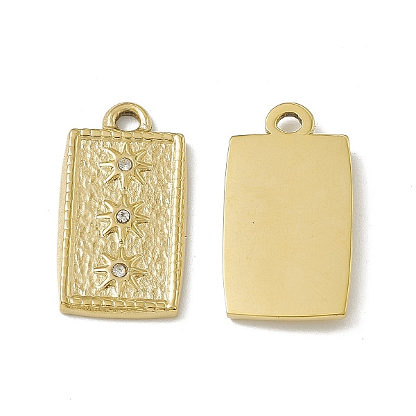 

PandaHall Vacuum Plating 201 Stainless Steel Pendants, with Rhinestone, Rectangle with Sun Charm, Real 18K Gold Plated, 21x11x2mm, Hole..., Clear
