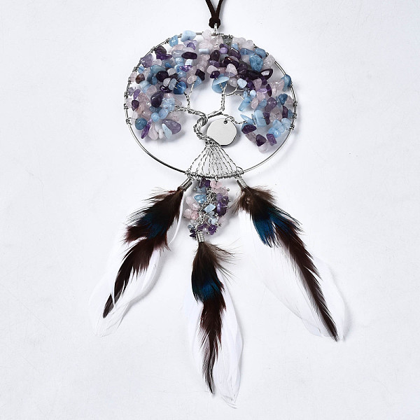 

PandaHall Natural Amethyst & Rose Quartz & Aquamarine Big Wire Wrapped Pendants, with Platinum Brass Wires Tree and Leather Cord, Woven...