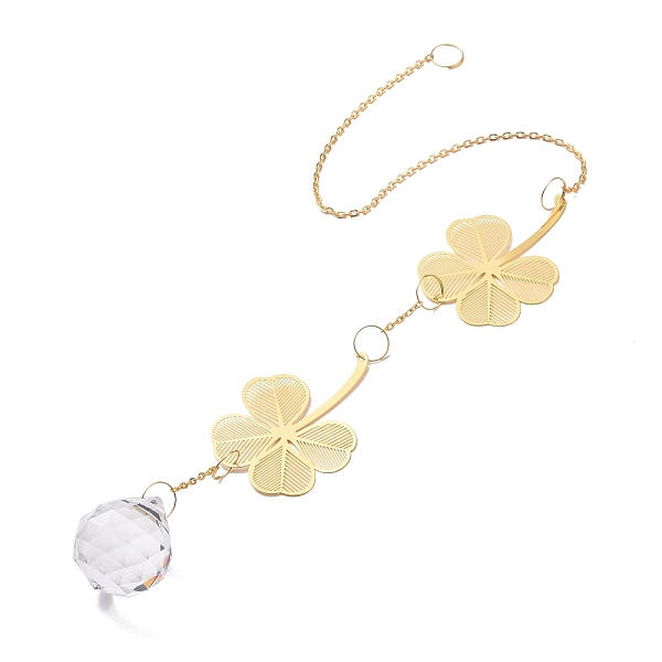 

PandaHall Faceted Glass Sun Catcher Pendant Decorations, with Brass and Iron Findings, for Home, Garden Decor, Clover, Golden, 480mm Glass..., Clear