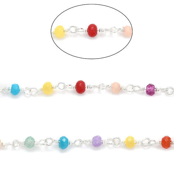 

PandaHall 3.28 Feet Handmade Natural Dyed Jade Beaded Chains, Unwelded, with Brass Findings, Faceted, Rondelle, Golden, Silver, 4x3mm Jade..., Multicolor