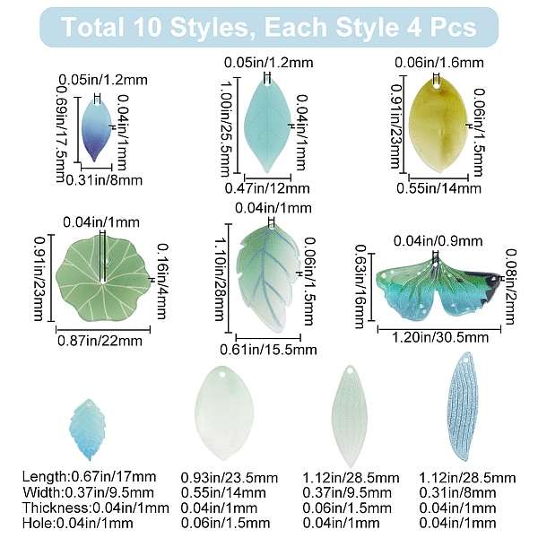 

PandaHall SUNNYCLUE 40Pcs 10 Styles Opaque Resin Pendants, Leaf Charms, Mixed Color, 16~28.5x8~30.5x1~4mm, Hole: 0.9~1.6mm, 4pcs/style Resin..., Multicolor