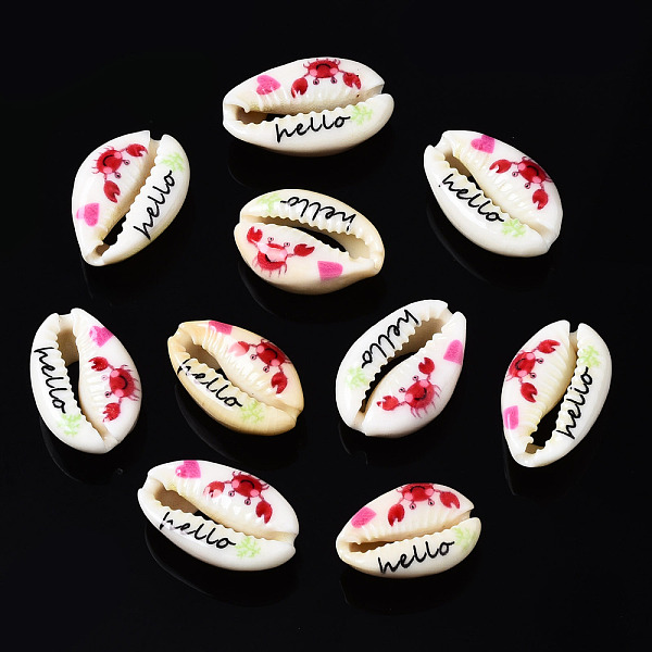 

PandaHall Printed Natural Cowrie Shell Beads, No Hole, Crab Pattern & Word Hello, Crimson, 18~23x13~16x7~8mm Cowrie Shell Shell Shape Pink