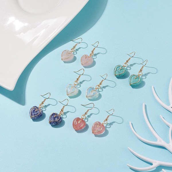 

PandaHall Gemstone Heart Dangle Earrings, Gold Plated Brass Wire Wrap Jewelry for Women, 38mm, Pin: 0.7mm Mixed Stone