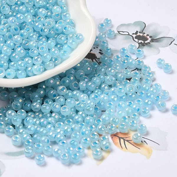 

PandaHall Glass Seed Beads, Ceylon, Round Hole, Round, Sky Blue, 4x3mm, Hole: 1.2mm, 7650pcs/pound Glass