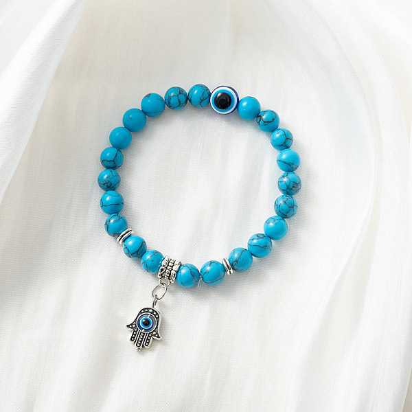 

PandaHall Synthetic Turquoise Stretch Bracelet with Evil Eye Charms, Mixed Shapes Turquoise Mixed Shapes