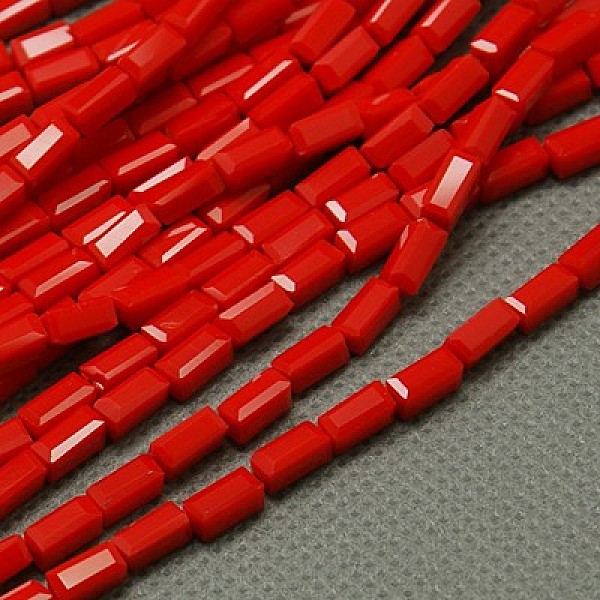 

PandaHall Opaque Glass Beads Strands, Faceted, Cuboid, Red, 7x3x3mm, Hole: 1mm, about 80pcs/strand, 52cm Glass Cuboid Red