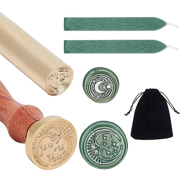 PandaHall CRASPIRE DIY Wax Seal Stamp Kits, Including Brass Handles, Sealing Wax Sticks, Rectangle Velvet Pouches, Golden, Moon Pattern...