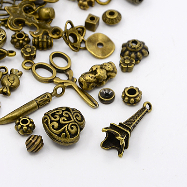 

PandaHall Tibetan Style Collection, Mixed Shapes Beads & Alloy Pendants, Mixed Size, Antique Bronze, 2~50mm Alloy Mixed Shapes