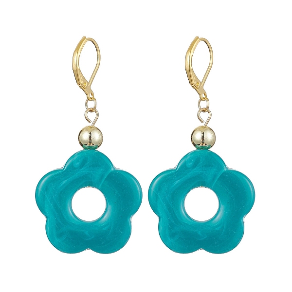 

PandaHall Acrylic Flower Dangle Leverback Earrings, Golden Brass Earrings, Dark Cyan, 53x27mm Acrylic Flower