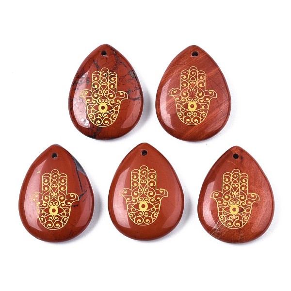 

PandaHall Natural Red Jasper Pendants, Teardrop with Hamsa Hand Pattern, 32~33.5x25~26x6.5~7.5mm, Hole: 2mm, 6pcs/bag Red Jasper Teardrop