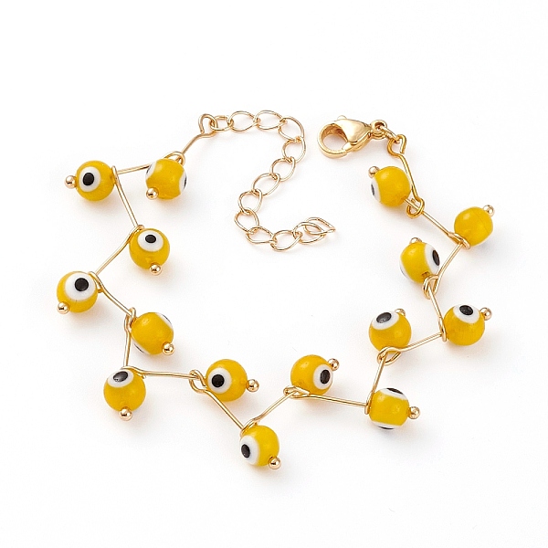 

PandaHall Handmade Evil Eye Lampwork Beaded Bracelets, with 304 Stainless Steel Ball Head Pins and Lobster Claw Clasps, Round, Golden..., Yellow