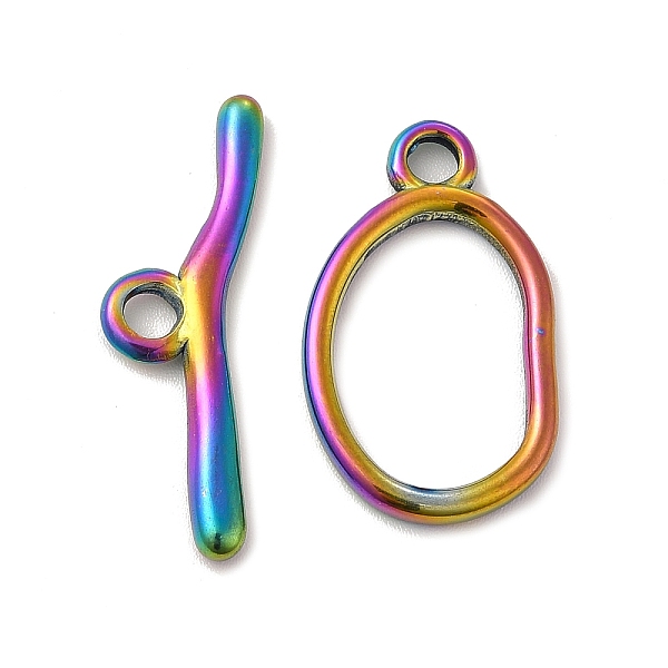 

PandaHall Ion Plating(IP) 304 Stainless Steel Toggle Clasps, Oval, Rainbow Color, Oval: 25x15x2mm, Hole: 3mm, 16.5x11mm inner diameter, Bar...
