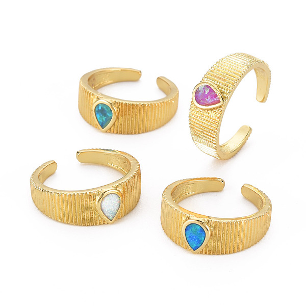 

PandaHall Teardrop Natural Opal Cuff Ring for Women, Real 16K Gold Plated Grooved Brass Open Ring, October Birthstone Stackable Ring, Nickel..., Multicolor