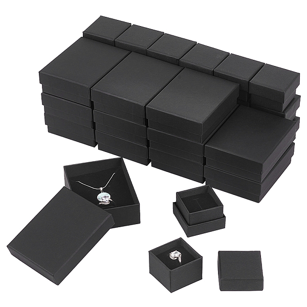 

PandaHall 32Pcs 2 Style Kraft Cotton Filled Cardboard Paper Jewelry Set Boxes, for Ring, Necklace, with Sponge inside, Rectangle & Square..., Black