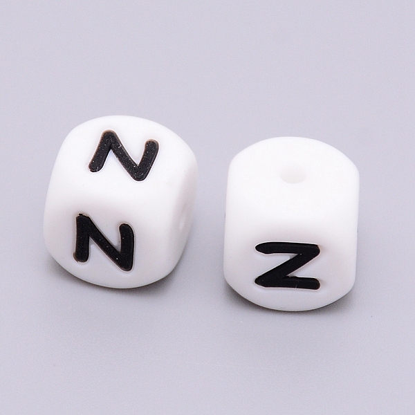 

PandaHall Silicone Beads, Cube with Letter.N, White, 12x12x12mm, Hole: 2mm Silicone Cube White