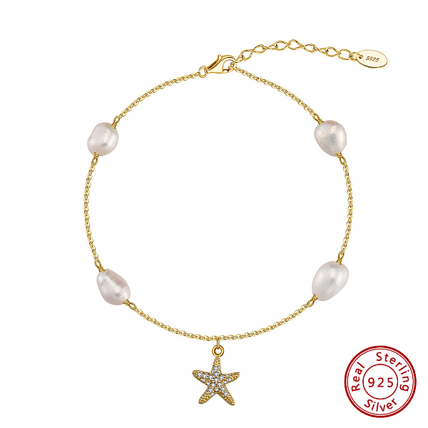

PandaHall 925 Sterling Silver Cable Chain Anklet, Natural Freshwater Pearls, Micro Pave Grade 4A Cubic Zirconia Star Charm, Real 14K Gold..., Clear