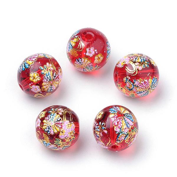 

PandaHall Printed Glass Beads, Round with Flower Pattern, Red, 10x9mm, Hole: 1.5mm Glass Flower Red