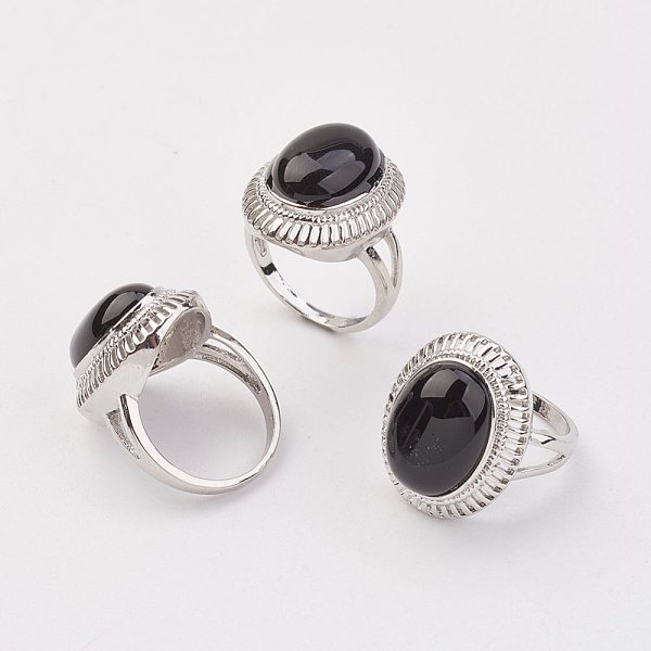 

PandaHall Natural Black Agate Finger Rings, with Brass Ring Finding, Platinum, Oval, Size 8, 18mm Black Agate