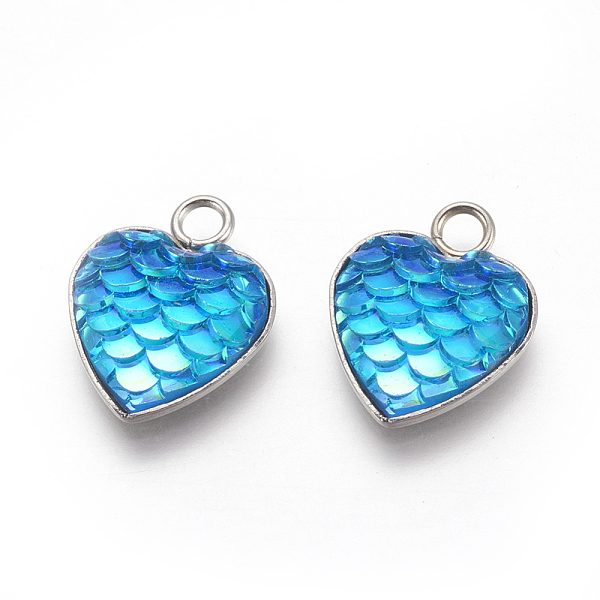

PandaHall 304 Stainless Steel Pendants, with Resin, Heart with Fish Scale Shape, Stainless Steel Color, Deep Sky Blue, 16x13x3.5mm, Hole...