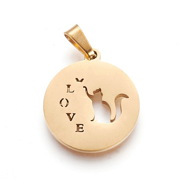 

PandaHall 304 Stainless Steel Kitten Pendants, Flat Round with Cat & Word Love Shape, Golden, 19~20x16~17x1.5mm, Hole: 5x2.5mm 304 Stainless...