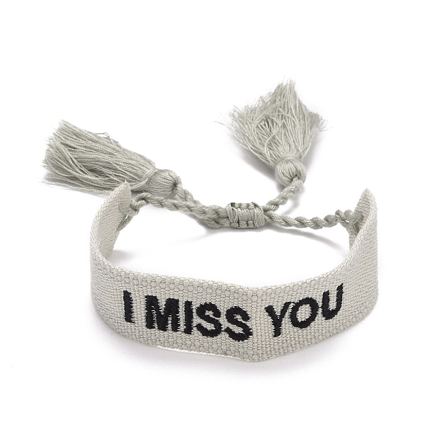 

PandaHall Word I Miss You Polycotton(Polyester Cotton) Braided Bracelet with Tassel Charm, Flat Adjustable Wide Wristband for Couple...