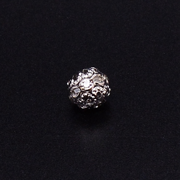 

PandaHall Alloy Rhinestone Beads, Hollow, Crystal, Round, Platinum, 10x9mm, Hole: 1.2mm, 100pcs/bag Alloy+Rhinestone Round Clear
