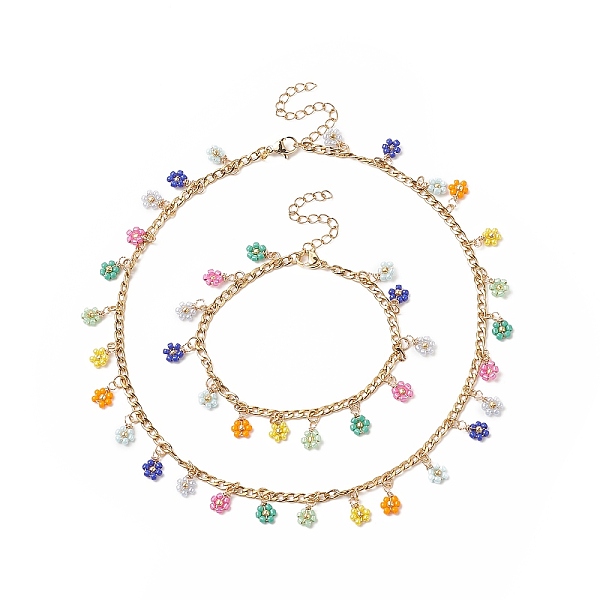 

PandaHall Glass Braided Flower Charm Bracelet & Necklace, Golden 304 Stainless Steel Jewelry Set for Women, Colorful, 6-7/8 inch(17.5cm), 14..., Multicolor