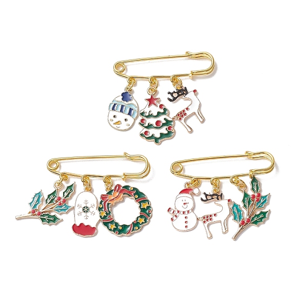 

PandaHall 3Pcs 3 Style Christmas Tree & Snowman & Deer Alloy Enamel Charms Safety Pin Brooches, Golden Iron Lapel Pins for Sweater Shawl..., Multicolor