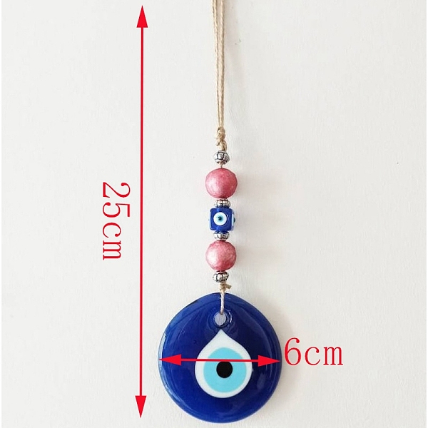 

PandaHall Flat Round with Evil Eye Glass Pendant Decorations, Jute Cord Car Wall Hanging Ornaments, Blue, 250x60mm Glass Flat Round Blue
