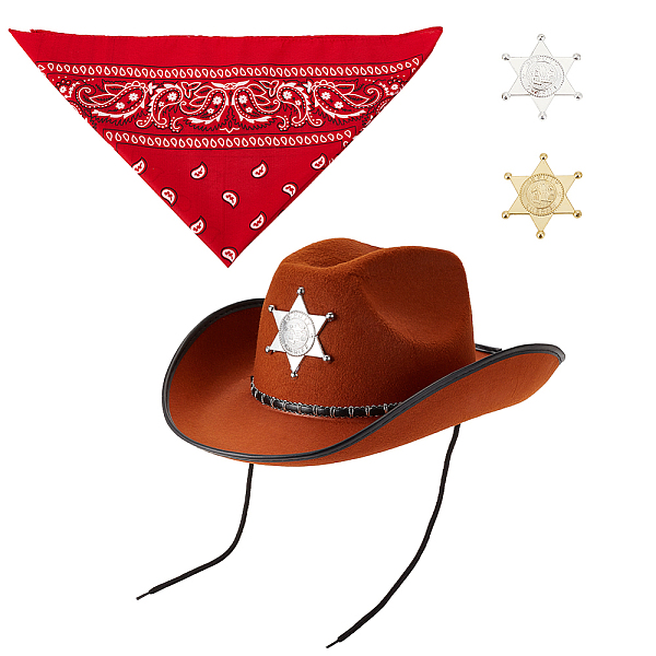 PandaHall Cosplay Western Cowboy Accessories Sets, Including Non-Woven Fabric Hats, Plastic Hexagram Brooch Pin and Square Polyester...