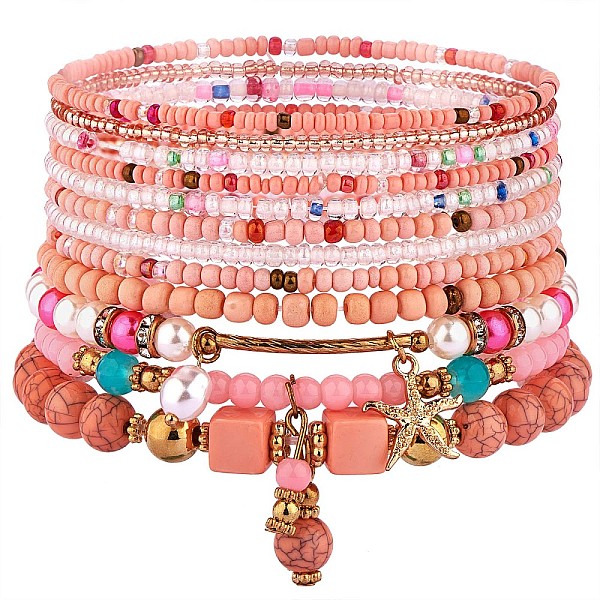 

PandaHall 11Pcs Boho Seed Bead Stretch Bracelets Set, Multilayered Stackable Bracelets, Colorful Beaded Starfish Charm Bracelets for Women..., Pink