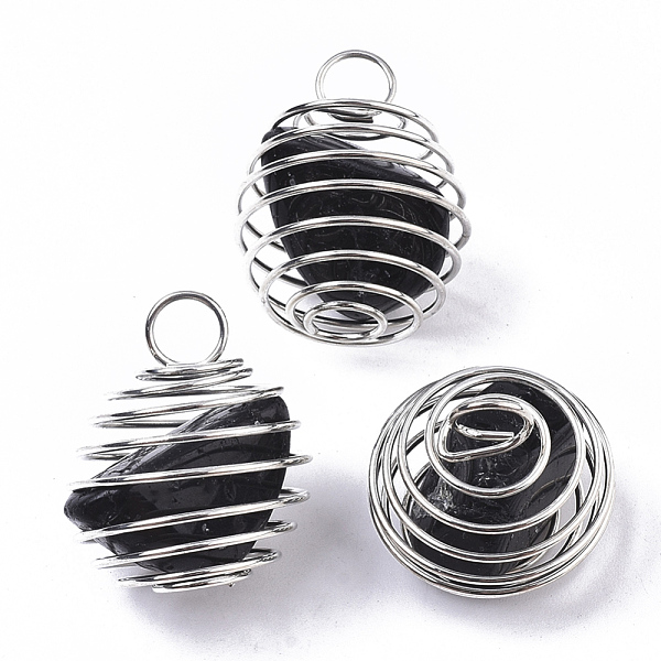 

PandaHall Iron Wrap-around Spiral Bead Cage Pendants, with Natural Black Tourmaline Beads inside, Round, Platinum, 21x24~26mm, Hole: 5mm...